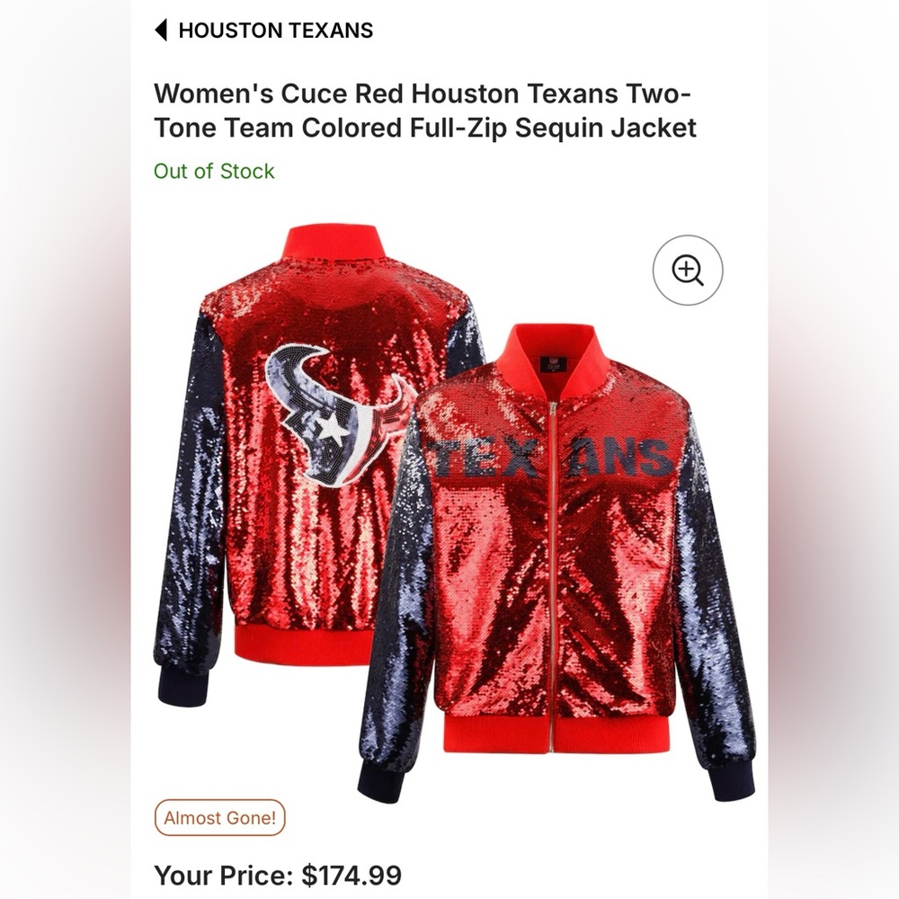 Red Sequin Full-Zip Jacket with Texans Logo